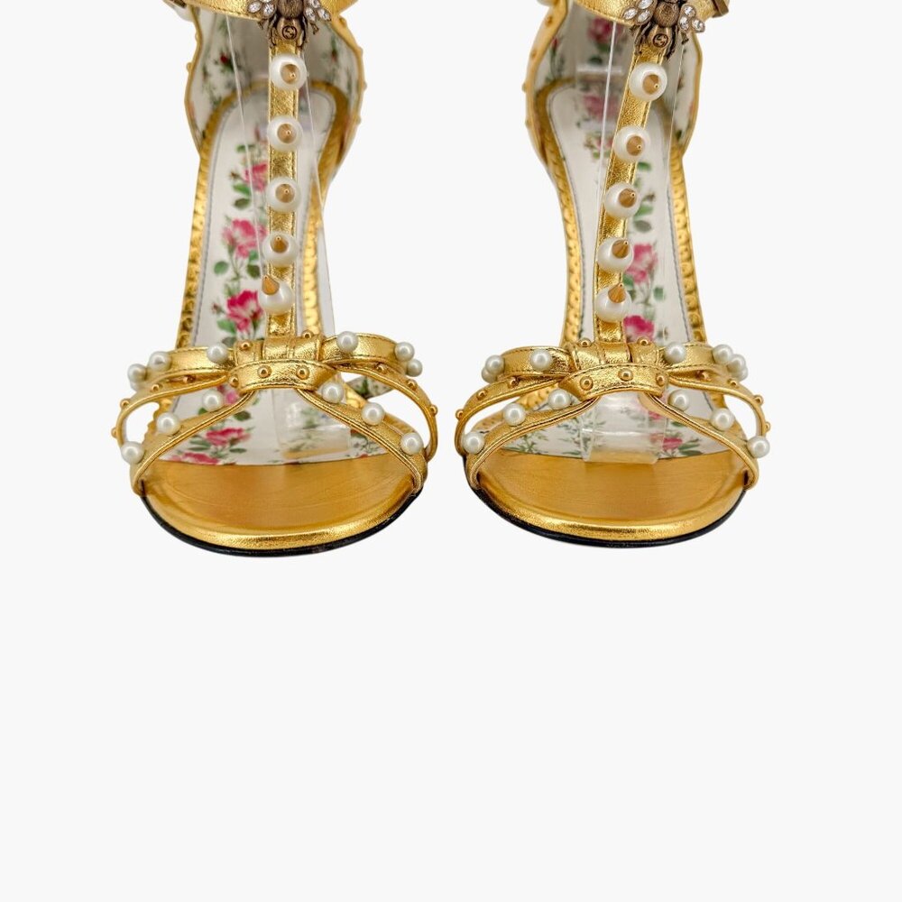 Gucci Regina Metallic Gold Pearl Studded T-Strap Heels Bee GG Size 37.5 US 7.5 - Picture 5 of 15